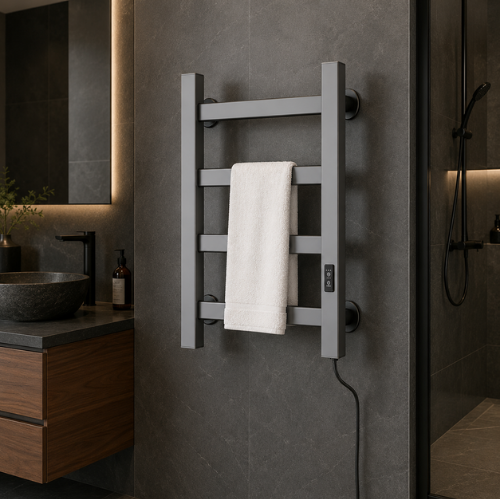 Chauffe-serviettes électrique gris avec serviette blanche près d’une douche