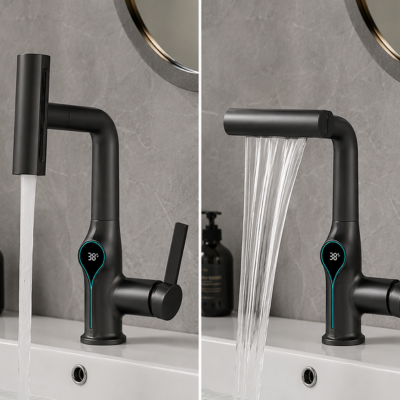 Mitigeur lavabo contemporain gris canon installé sur un comptoir