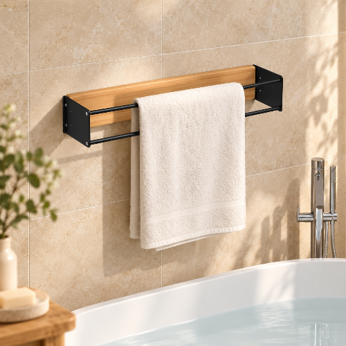 Porte-serviettes mural en bois et métal noir avec une serviette