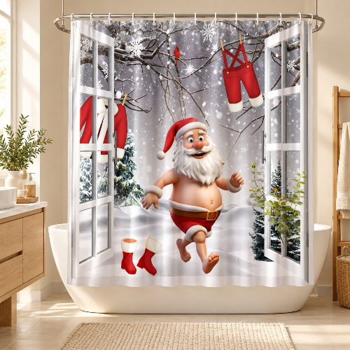 Rideau de douche Père Noël devant une baignoire blanche