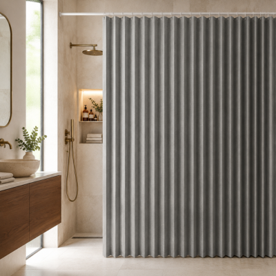 Rideau de douche accordéon presque fermé dans salle de bain