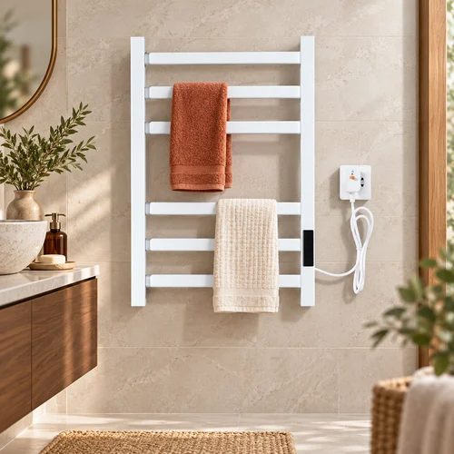 Sèche-serviette mural blanc avec serviettes orange et crème