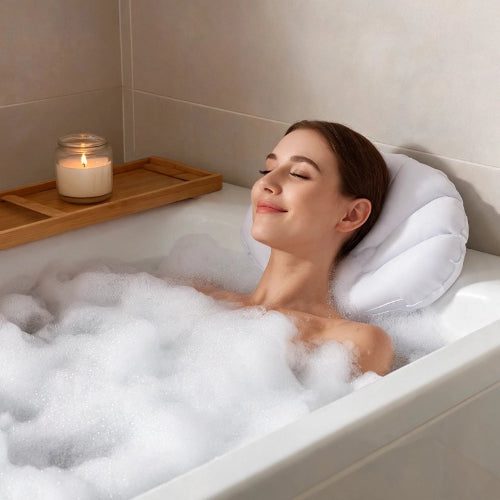 Bain moussant avec un coussin pour baignoire blanc