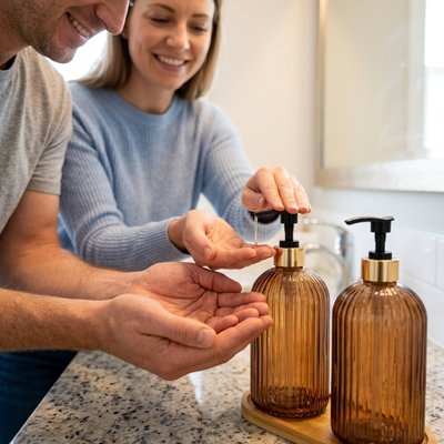 Distributeur à savon liquide en verre ambré s'intégrant aux décors