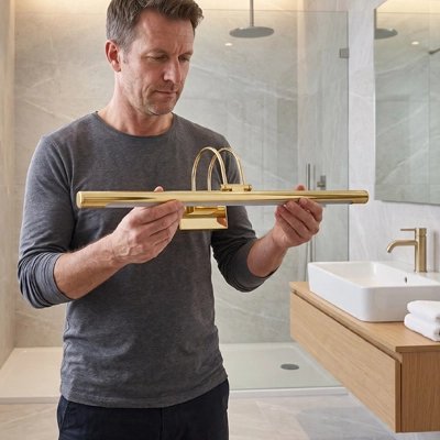 Homme orientant une applique LED réglable au-dessus du miroir
