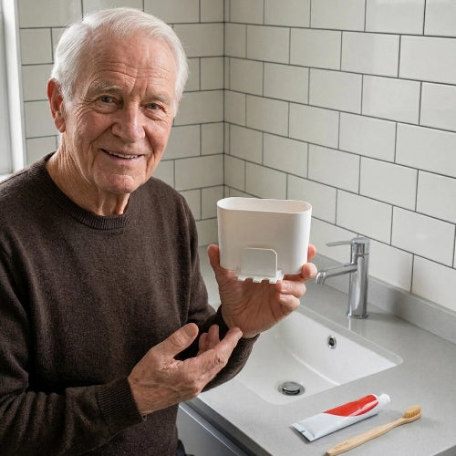 Homme senior présentant un porte-brosse à dents mural compact