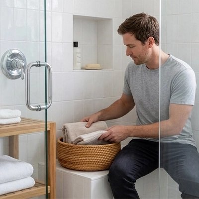 Panier en fibre végétale pour organiser les accessoires de toilette