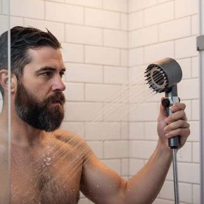 pommeau de douche avec bouton marche arret sur le manche