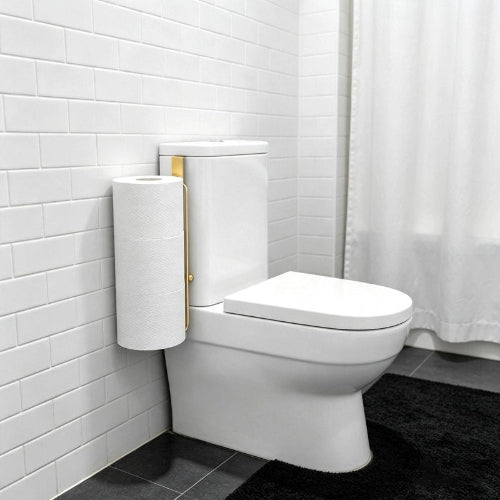 Porte-papier toilette doré avec rouleaux empilés, accroché au réservoir