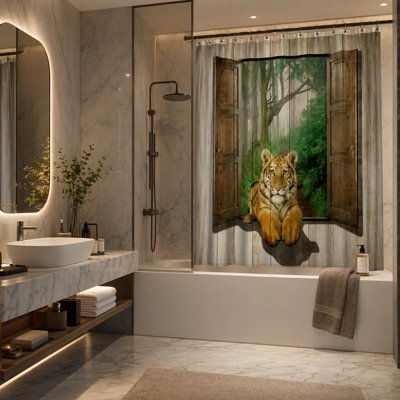 Rideau de douche transformant l'espace bain en ambiance nature sauvage
