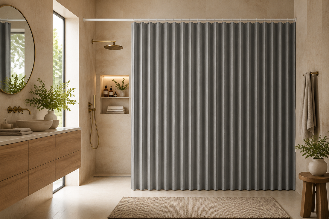 Rideau de douche pliable gris dans une salle de bain
