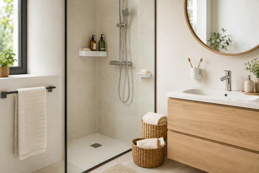 Petite salle de bain organisée avec rangements et accessoires muraux sans perçage