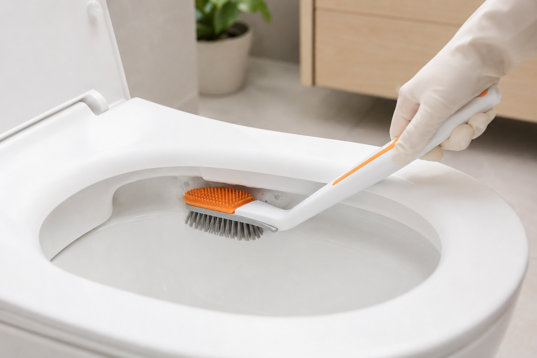 Nettoyage sous le rebord d’une toilette avec une brosse adaptée