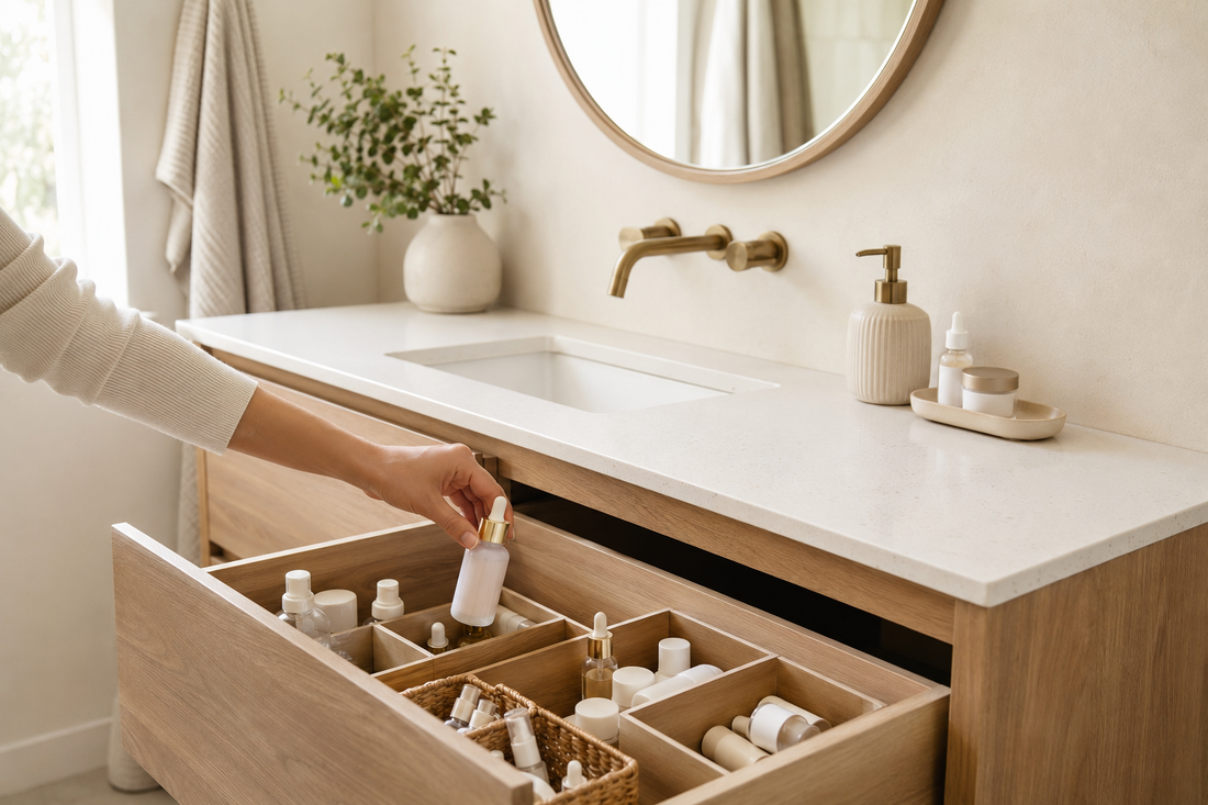 Rangement des produits dans un tiroir pour dégager le comptoir de la salle de bain