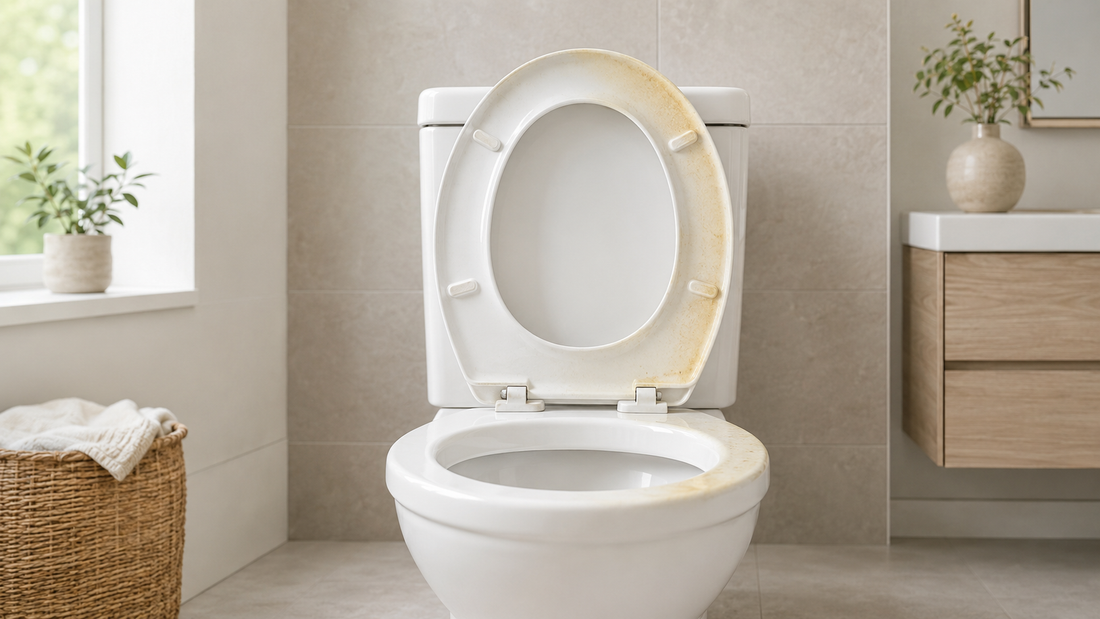 Abattant de WC blanc présentant des taches jaunes dans une salle de bain moderne
