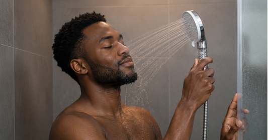 Homme profitant d’un pommeau de douche filtrant pour réduire le chlore et préserver la peau et les cheveux