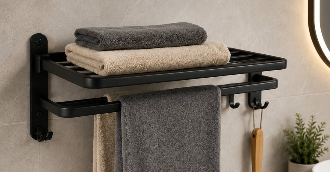 Porte-serviette mural noir pour salle de bain avec étagère de rangement et crochets pour serviettes.