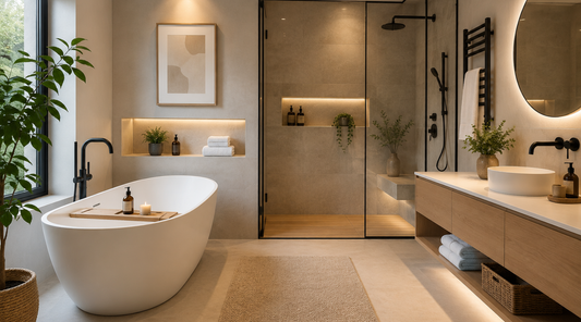 Salle de bain moderne avec baignoire îlot, douche à l'italienne, meuble en bois clair et décoration spa aux tons beige et noir.