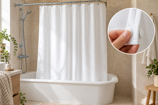 Rideau de douche blanc autour d’une baignoire avec un gros plan sur un aimant fixé au tissu