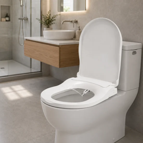 Abattant WC bidet ouvert près d’un meuble de salle de bain