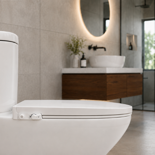 Abattant bidet double buse fermé sur une toilette blanche