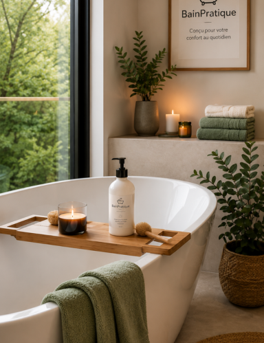 Baignoire îlot avec plateau de bain en bois et serviette