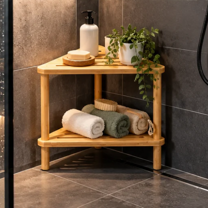 Banc d’angle en bambou dans une douche moderne avec accessoires