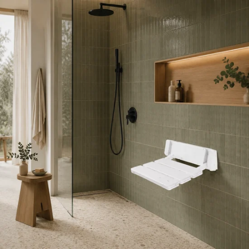 Banc de douche rabattable blanc installé dans une douche italienne