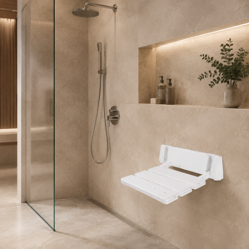 Banc mural pliable blanc dans une douche avec paroi vitrée