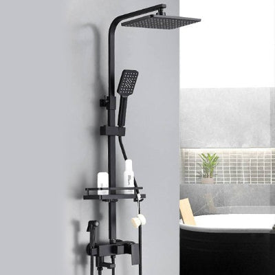 Belle colonne de douche noir mat sur un mur gris