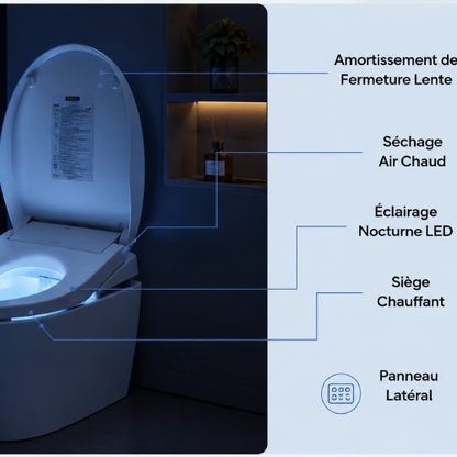Bidet WC intelligent avec siège chauffant à air chaud et LED