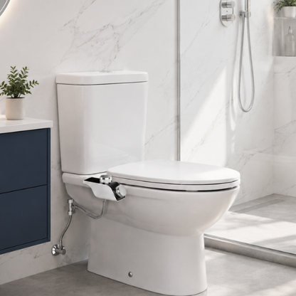 Bidet WC mécanique installé sous l’abattant d’une toilette blanche