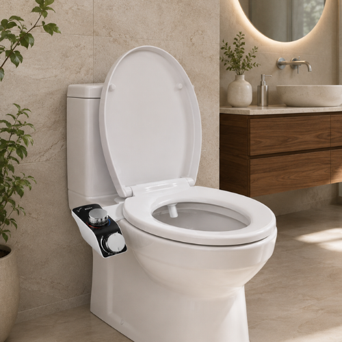 Bidet WC non électrique à double buse installé sur une toilette