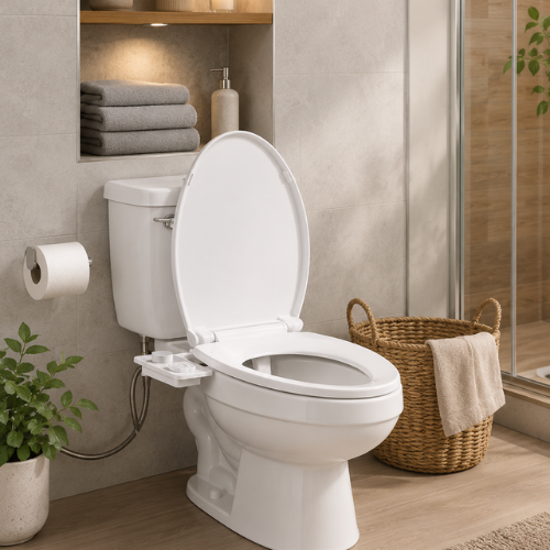 Bidet WC ultra-fin à double buse installé sur toilette