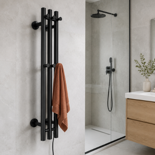 Chauffe-serviette électrique noir avec serviette terracotta près d’une douche