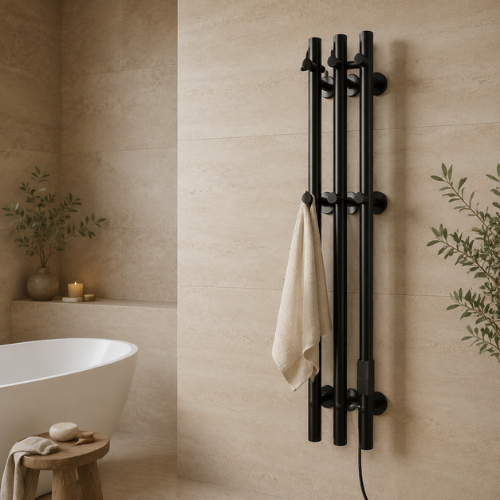 Chauffe-serviette électrique noir vertical avec serviette beige