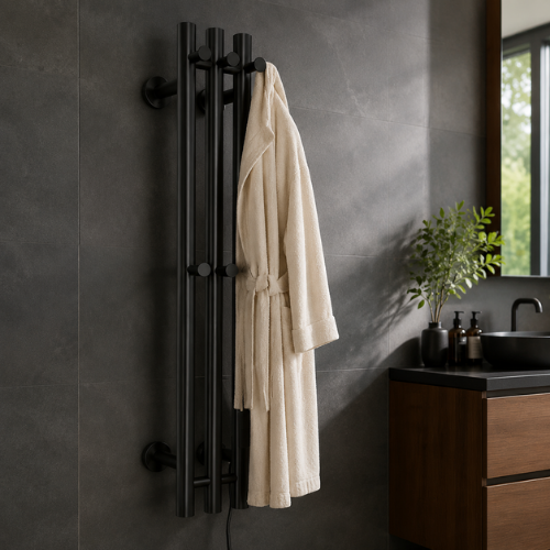 Chauffe-serviette mural noir avec peignoir beige
