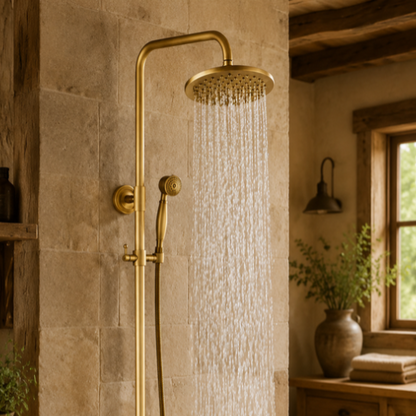 Colonne de douche dorée dans une salle de bain rustique