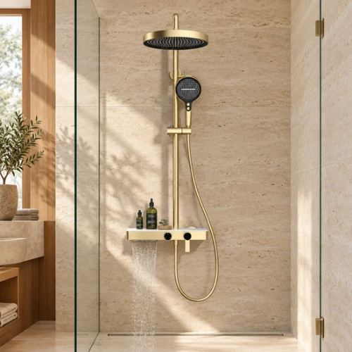 Colonne de douche dorée multifonction dans une salle de bain