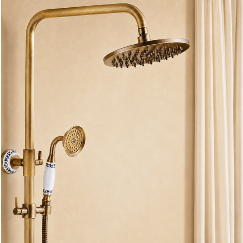 Colonne de douche dorée rétro avec douchette en porcelaine blanche