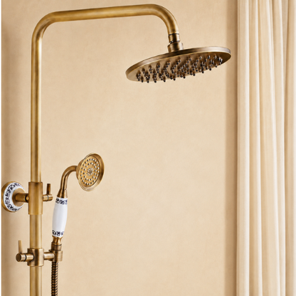 Colonne de douche dorée rétro avec douchette en porcelaine blanche