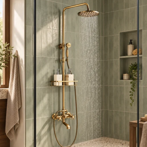 Colonne de douche en laiton antique dans une salle de bain