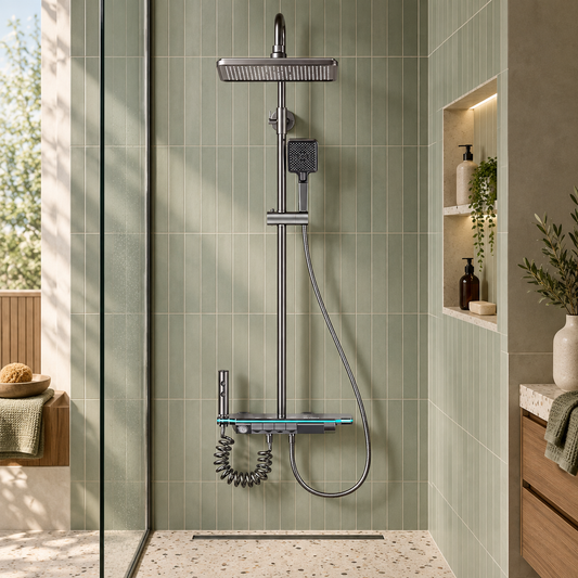 Colonne de douche numérique gris foncé dans une salle de bain
