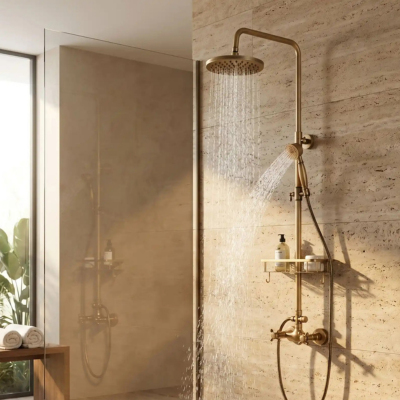 Colonne de douche rétro en laiton avec pommeau effet pluie