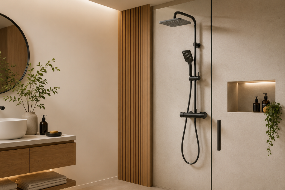 Colonne de douche thermostatique noire dans une salle de bain