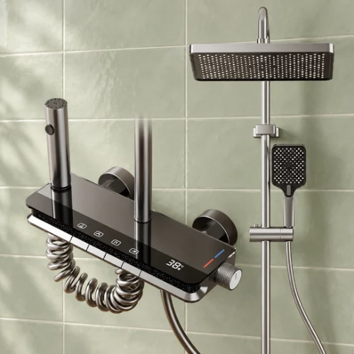 Colonne de douche thermostatique noire et chromée avec affichage numérique