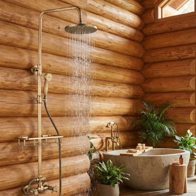 Colonne de douche vintage murale avec robinetterie rétro et douchette
