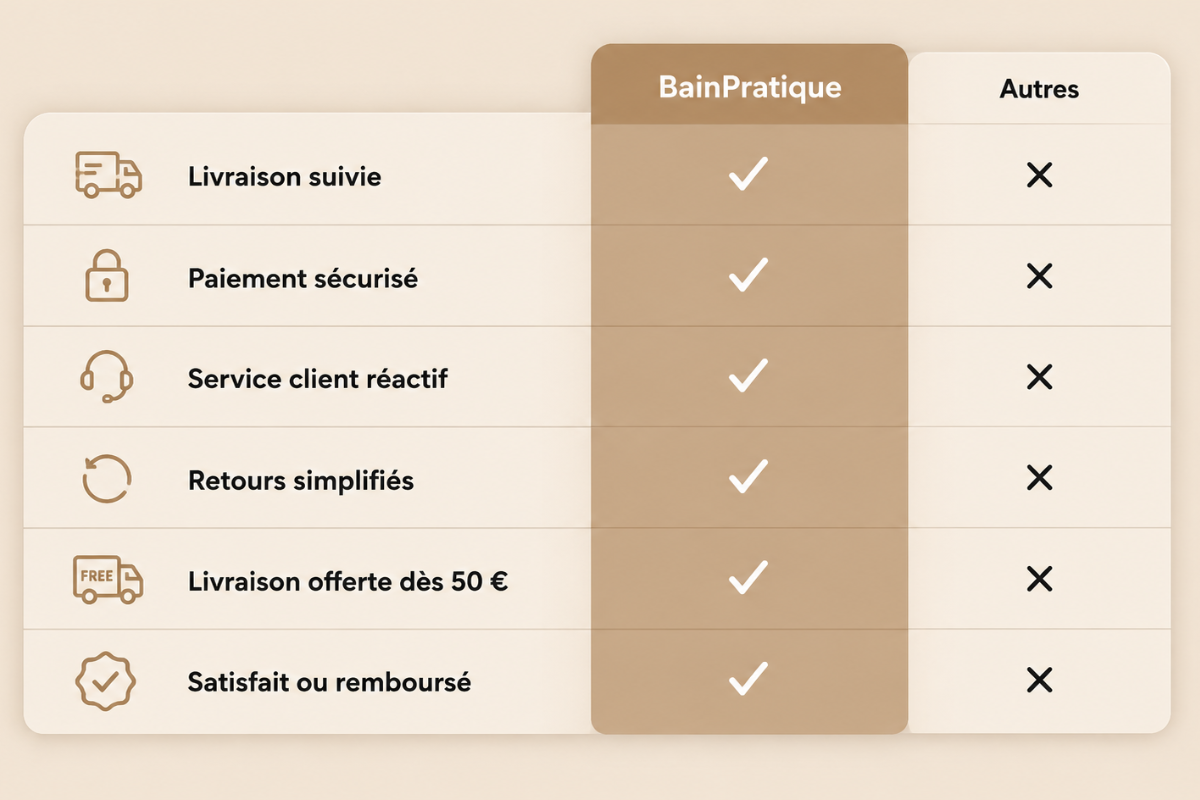 Comparatif des avantages BainPratique  livraison suivie paiement sécurisé retours simplifiés et service client 