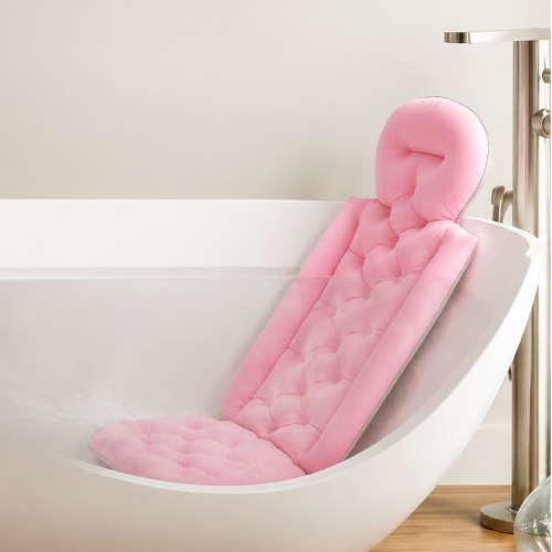 Coussin de bain rose rembourré installé dans une baignoire blanche