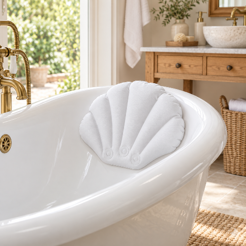 Coussin pour baignoire blanc en forme de coquillage